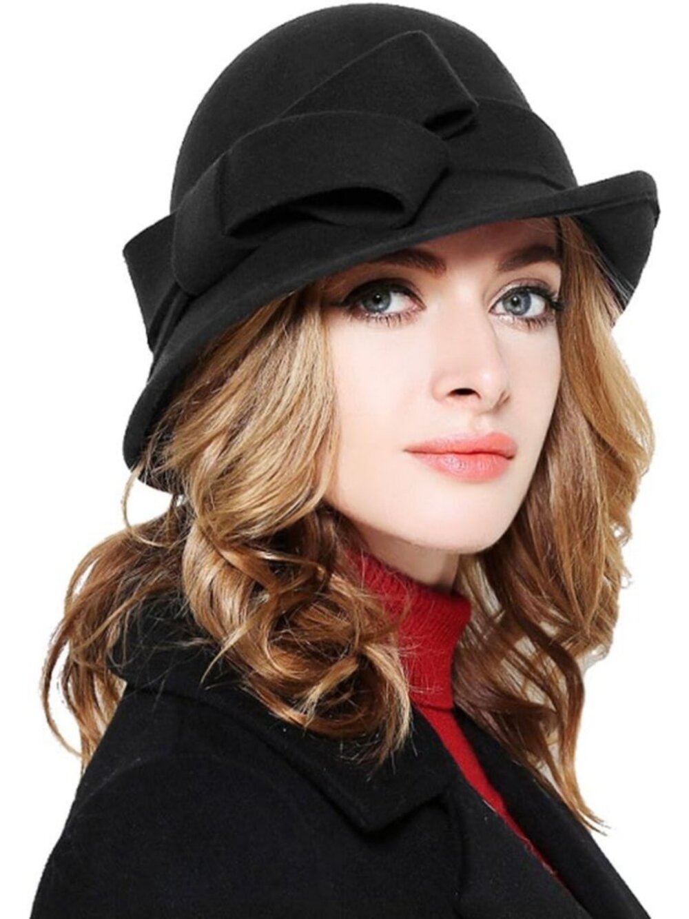 Cozy Solid Color Wool Cloche Bucket Hat for Women with Bow Accent - Winter